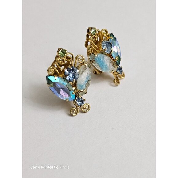 Vintage Juliana Aurora Borealis & Blue Rhinestone Clip-On Earrings - Picture 3 of 8